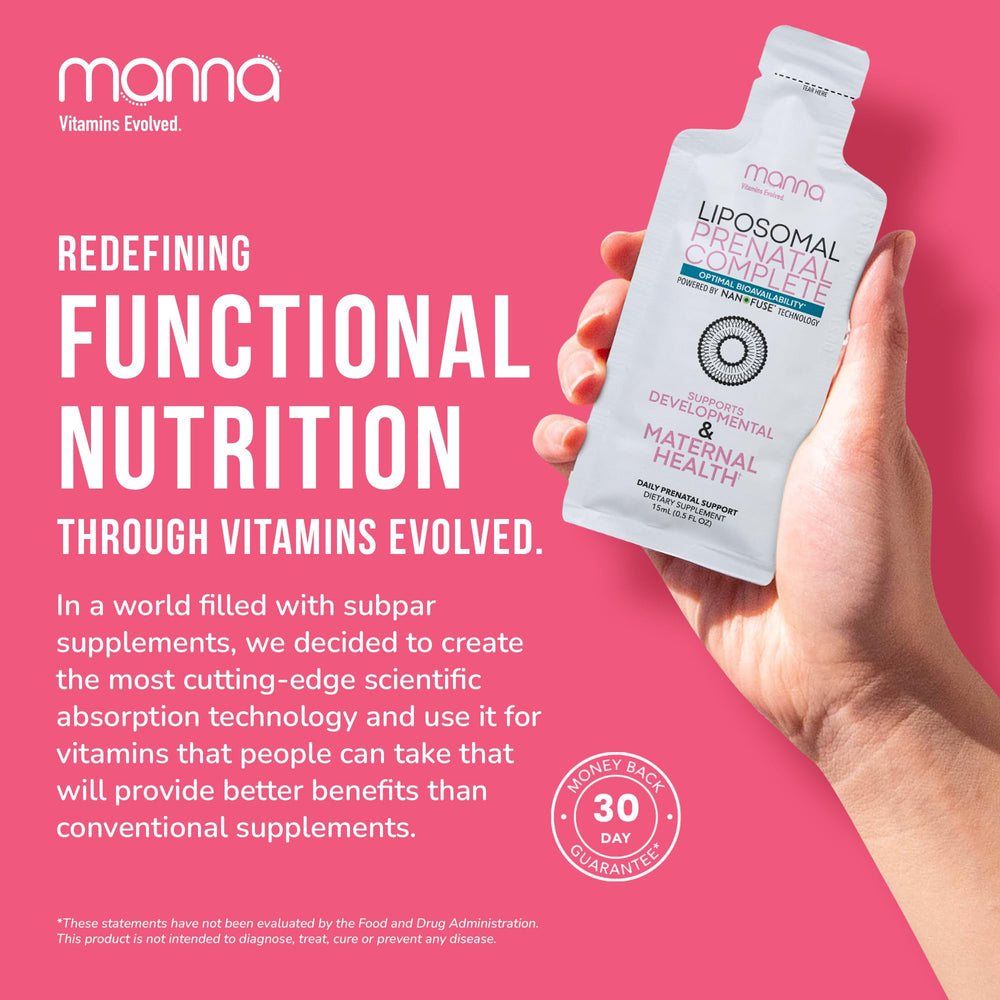 Manna Vitamins Evolved Liposomal Prenatal Complete bottle with liposome technology for absorption.