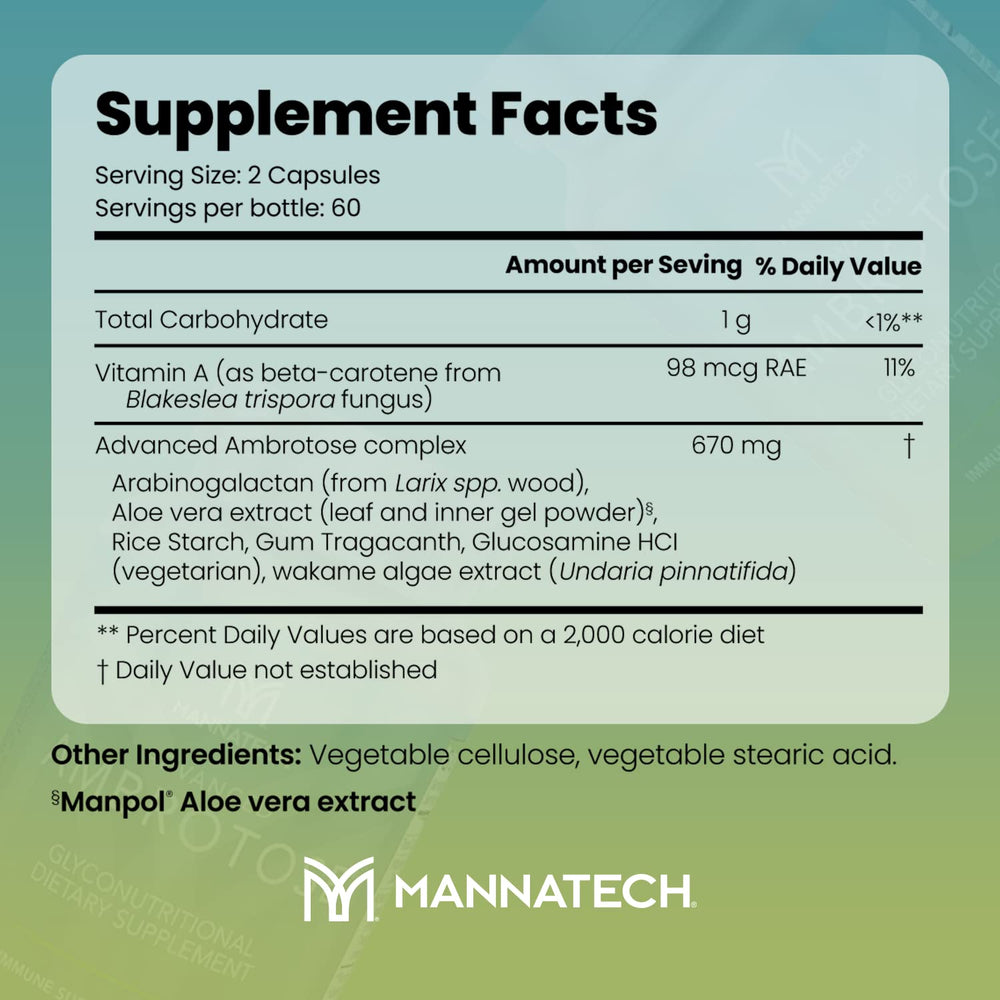 Close-up of Ambrotose label highlights aloe‑based formula for digestive support.