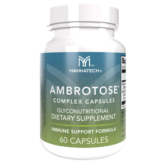 Mannatech Ambrotose Complex capsules bottle highlights plant-based immune support