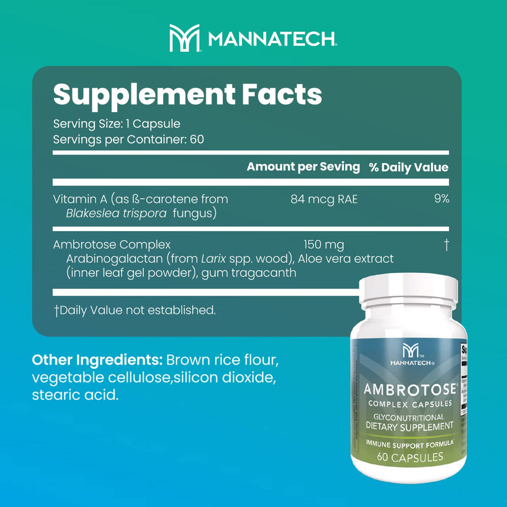 Mannatech Ambrotose Complex label close-up shows NSF-certified quality