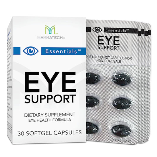 Mannatech Eye Care Supplement bottle emphasizes lutein and zeaxanthin for eye health.
