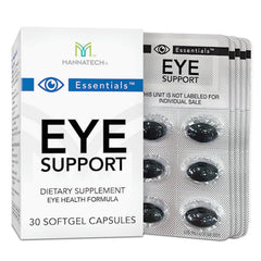 Mannatech Eye Care Supplement bottle emphasizes lutein and zeaxanthin for eye health.