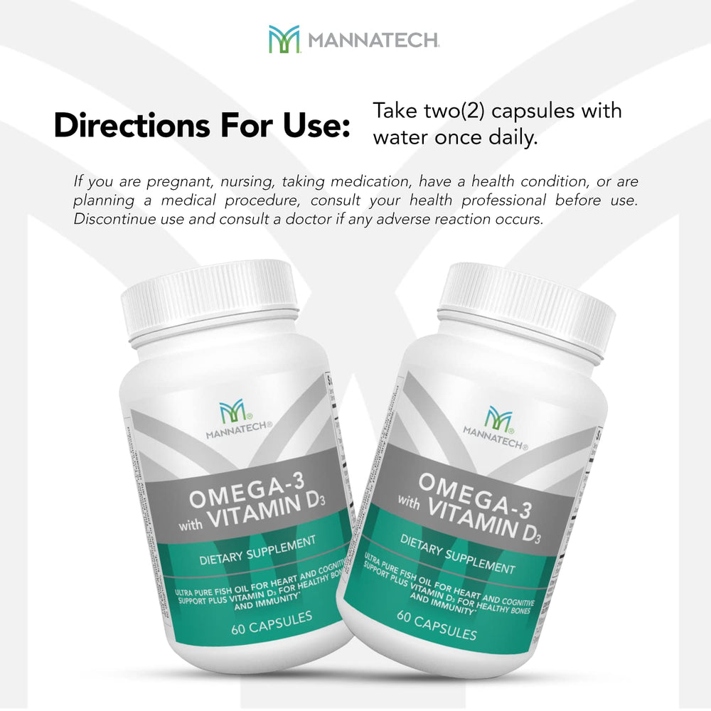 Mannatech Omega-3 packaging with nutrition details for immune and cognitive support