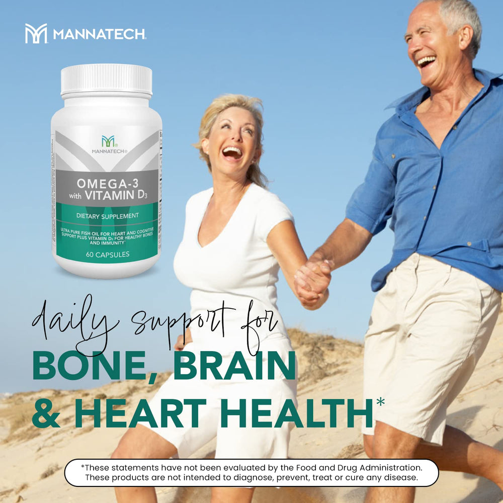 Mannatech Omega-3 bottle beside a glass of water during morning routine
