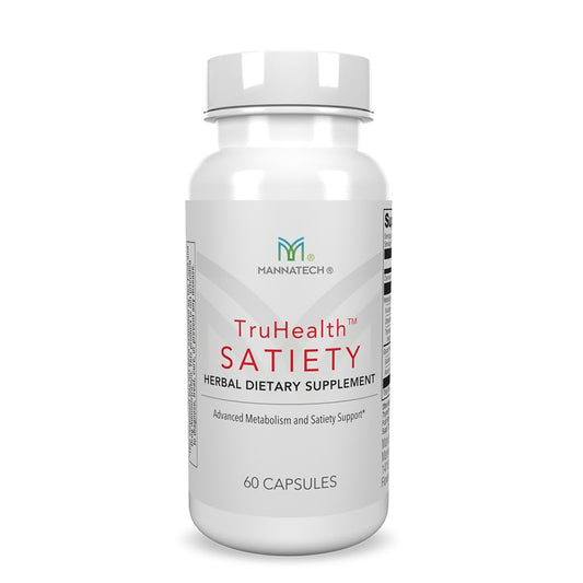 Mannatech TruHealth Satiety bottle with capsules supporting mindful eating and daily wellness.