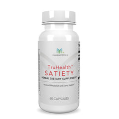 Mannatech TruHealth Satiety bottle with capsules supporting mindful eating and daily wellness.