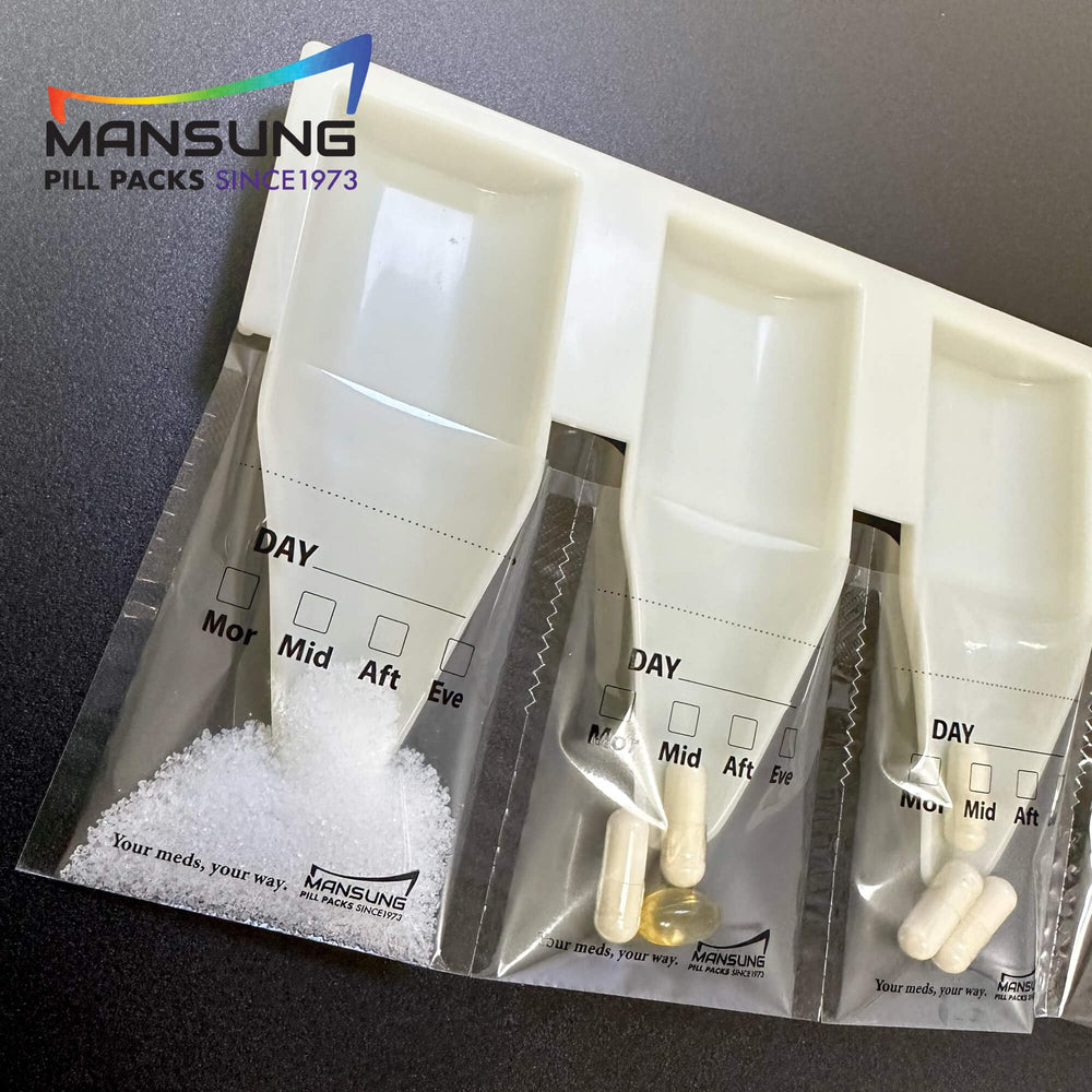 Mansung M600 clear pill pouches for quick content viewing.