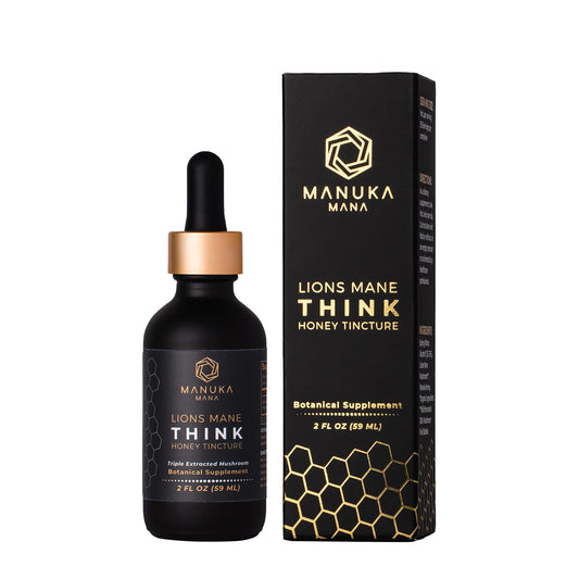 Manuka Mana Lions Mane Think Honey tincture bottle front view for daily focus support.