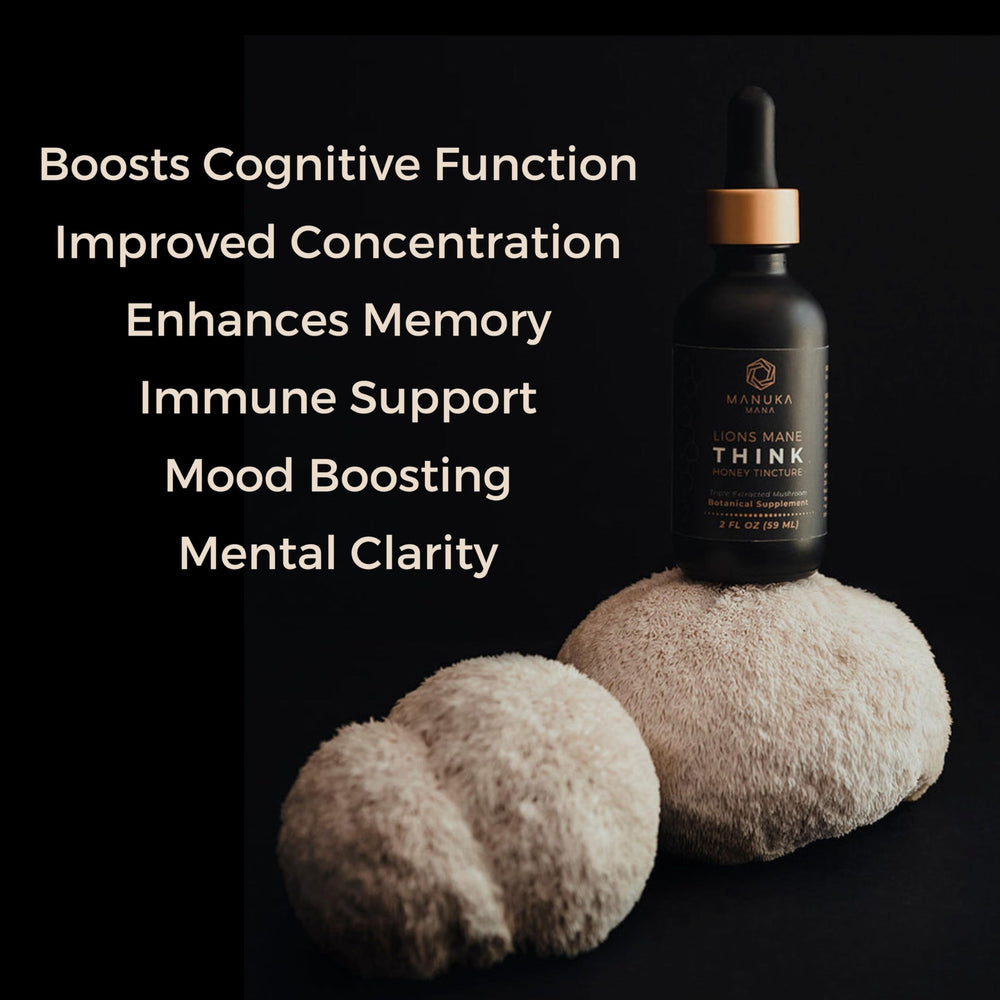 Manuka Mana Lions Mane Think Honey dropper releasing tincture with premium triple extraction.