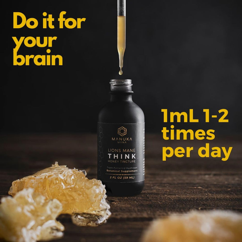 Manuka Mana Lions Mane Think Honey being poured for on-the-go cognitive support.