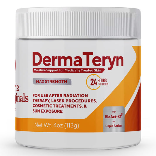 Marie Originals DermaTeryn sunburn cream bottle illustrating barrier protection for delicate skin.