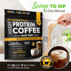 Creamy mocha texture and aroma of MariGold collagen coffee in a glass