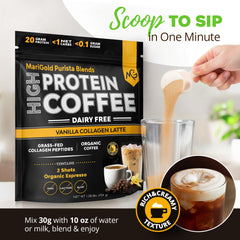 MariGold collagen coffee scoop beside bag highlights 15 servings