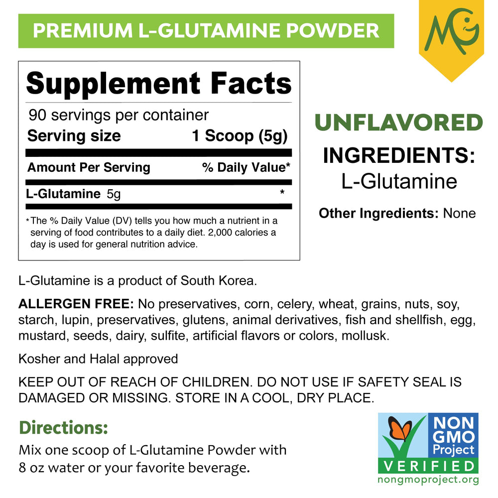 MariGold L-Glutamine ingredients label shows absence of artificial flavors or additives.