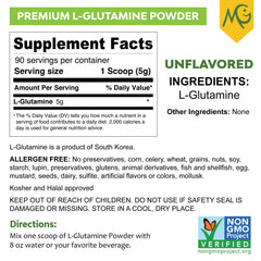 MariGold L-Glutamine ingredients label shows absence of artificial flavors or additives.