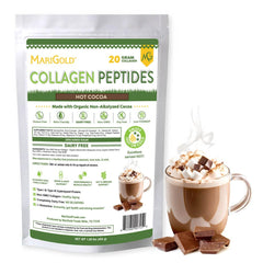 MariGold grass-fed collagen powder in hot cocoa tin for a cozy wellness moment