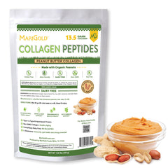 MariGold collagen peptides jar front with peanut butter flavor for daily beauty support