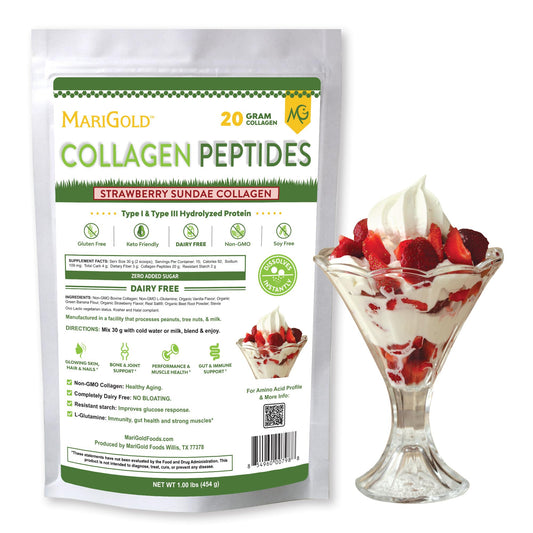 MariGold grass-fed collagen powder bottle highlighting skin support and joint health.