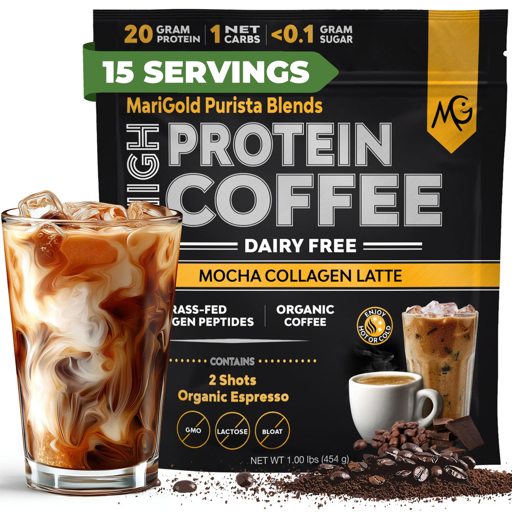 MariGold High Protein Collagen Coffee bottle shows dairy-free mocha latte protein boost