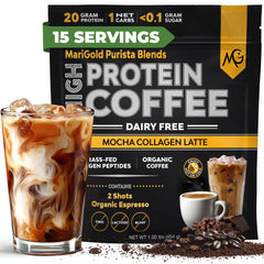 MariGold High Protein Collagen Coffee bottle shows dairy-free mocha latte protein boost