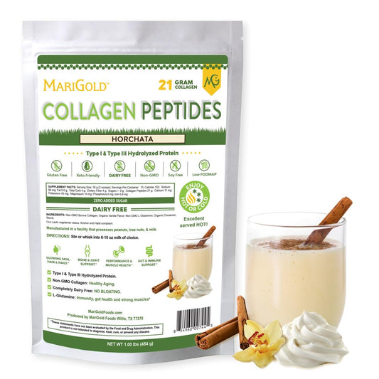 MariGold Horchata collagen powder ready for daily mixing and skin support