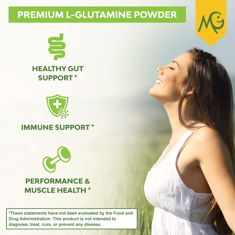 MariGold L-Glutamine powder dissolving in water creates a smooth, unflavored drink.