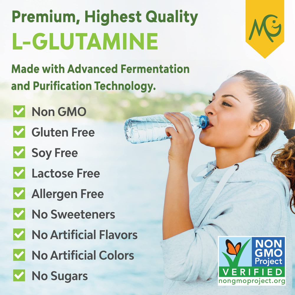 MariGold pure L-Glutamine packaging highlights non-GMO, gluten-free, allergen-free status.