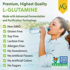 MariGold pure L-Glutamine packaging highlights non-GMO, gluten-free, allergen-free status.