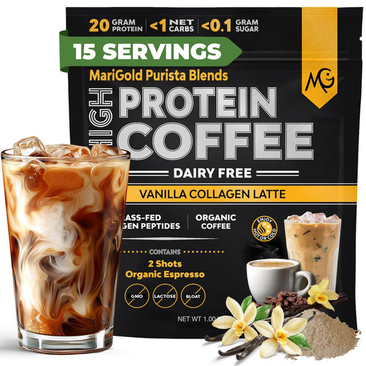 MariGold vanilla collagen coffee bottle showing a dairy-free latte with natural energy boost