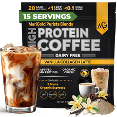 MariGold vanilla collagen coffee bottle showing a dairy-free latte with natural energy boost