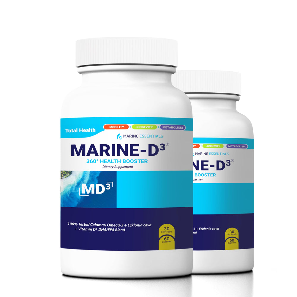 Marine Essentials Marine D3 Omega-3 bottle frontal view highlighting capsules for daily use