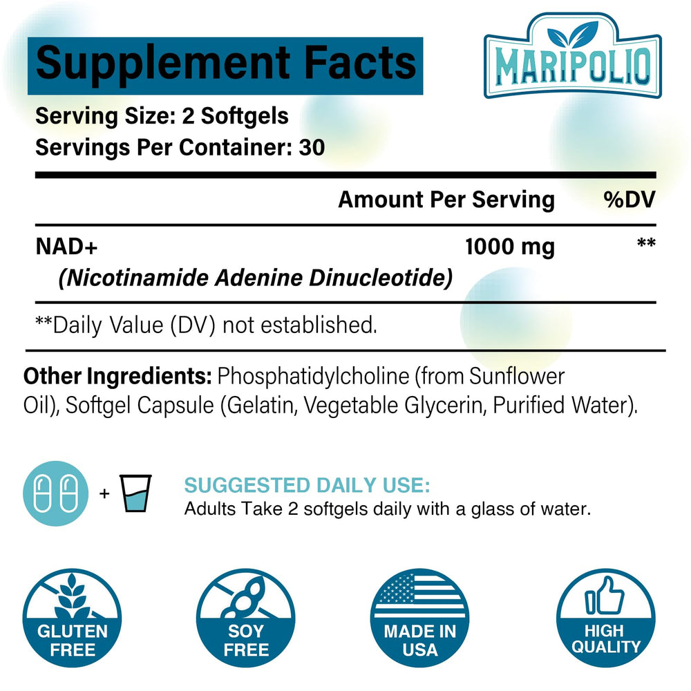 Maripolio Liposomal NAD+ bottle back with dosage and ingredients details