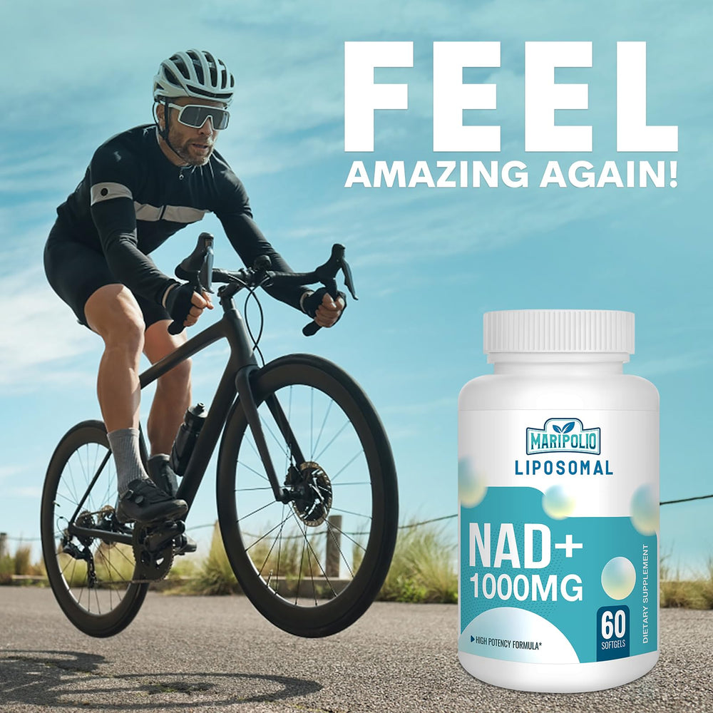 Maripolio NAD+ with a glass of water suggests convenient daily use