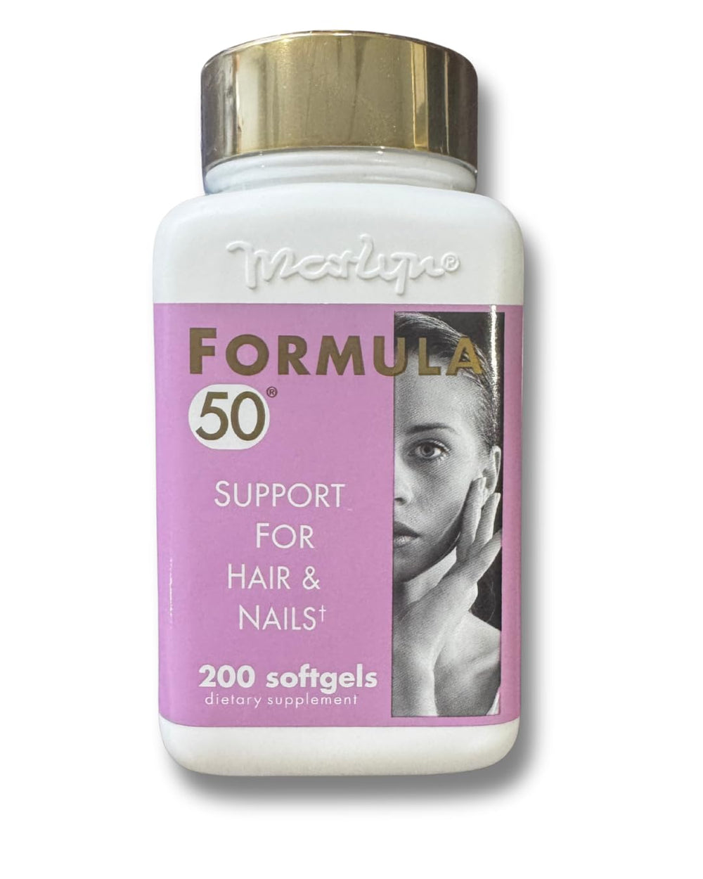 MARLYN Formula 50 bottle with softgels supports hair shine and nail strength.