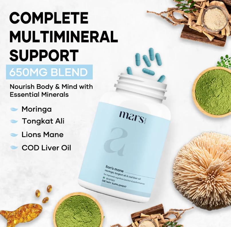 mars by ghc lion’s mane capsule moringa ingredient banner highlights natural vitamins.
