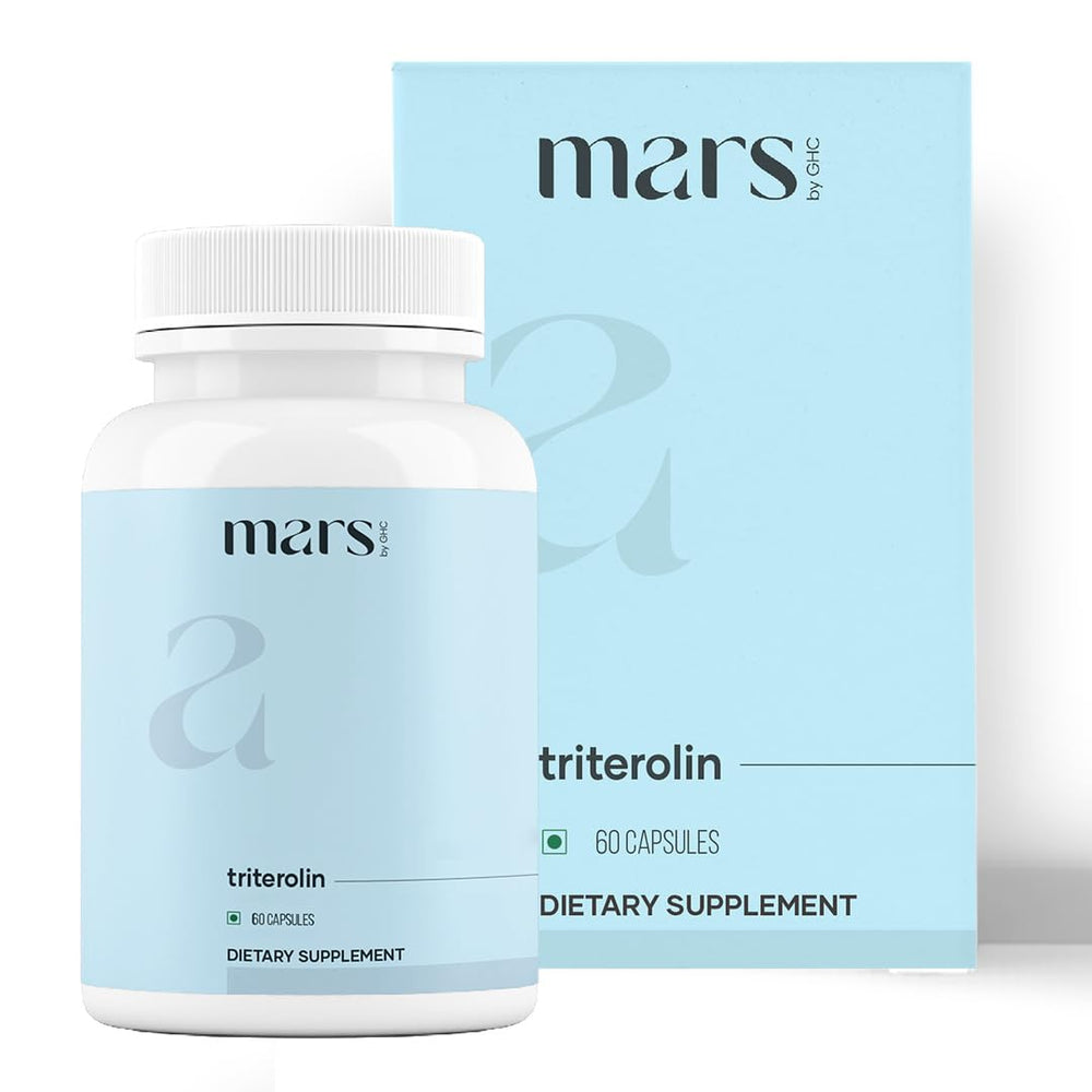 Mars by GHC Triterolin bottle pour showing easy-to-swallow capsules for daily energy support