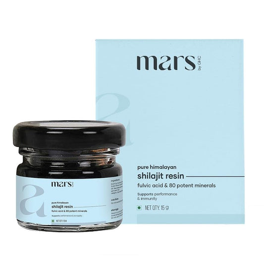 Mars Shilajit resin 15g in glass jar highlighting premium Himalayan origin for daily vitality