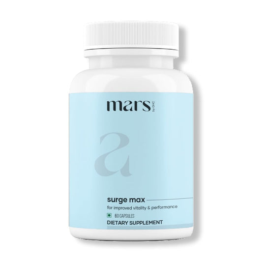 Mars Surgemax bottle shot showing easy-to-swallow capsules for daily vitality.