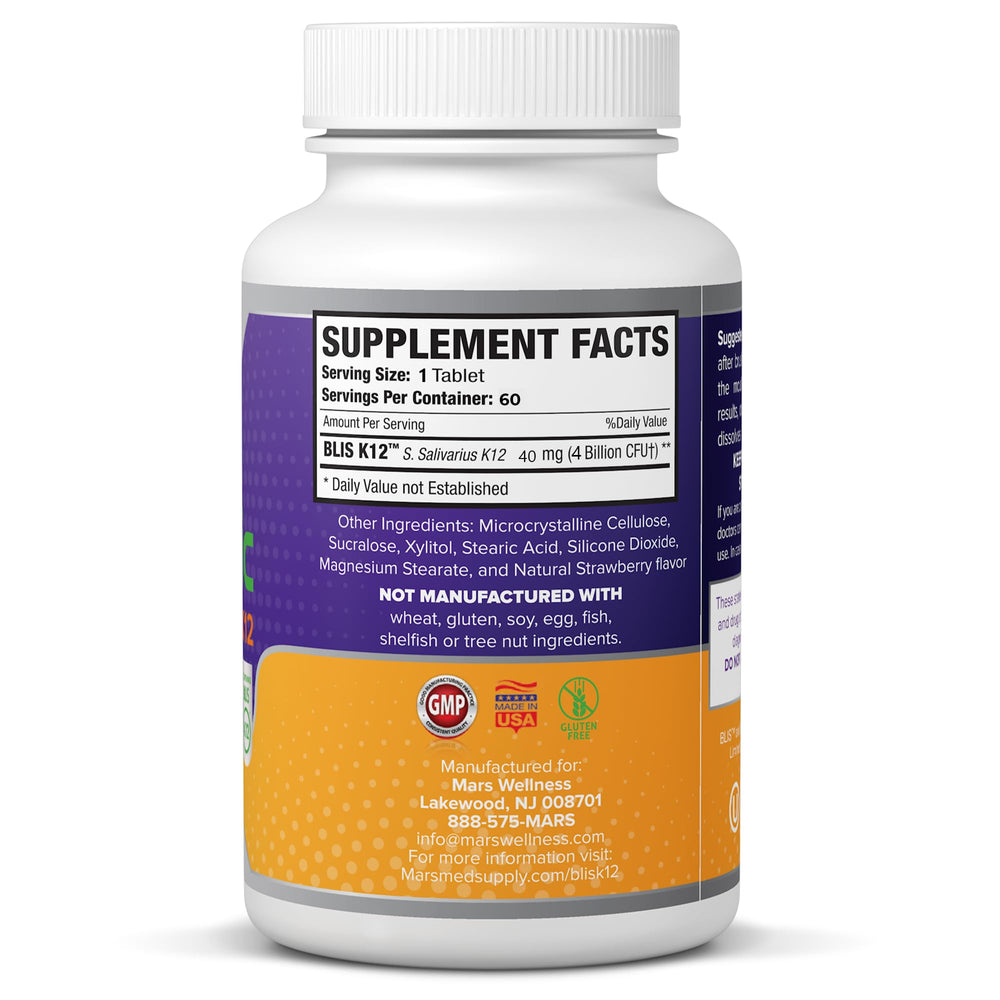 Mars Wellness BLIS K12 4B CFU close-up emphasizes probiotic strength