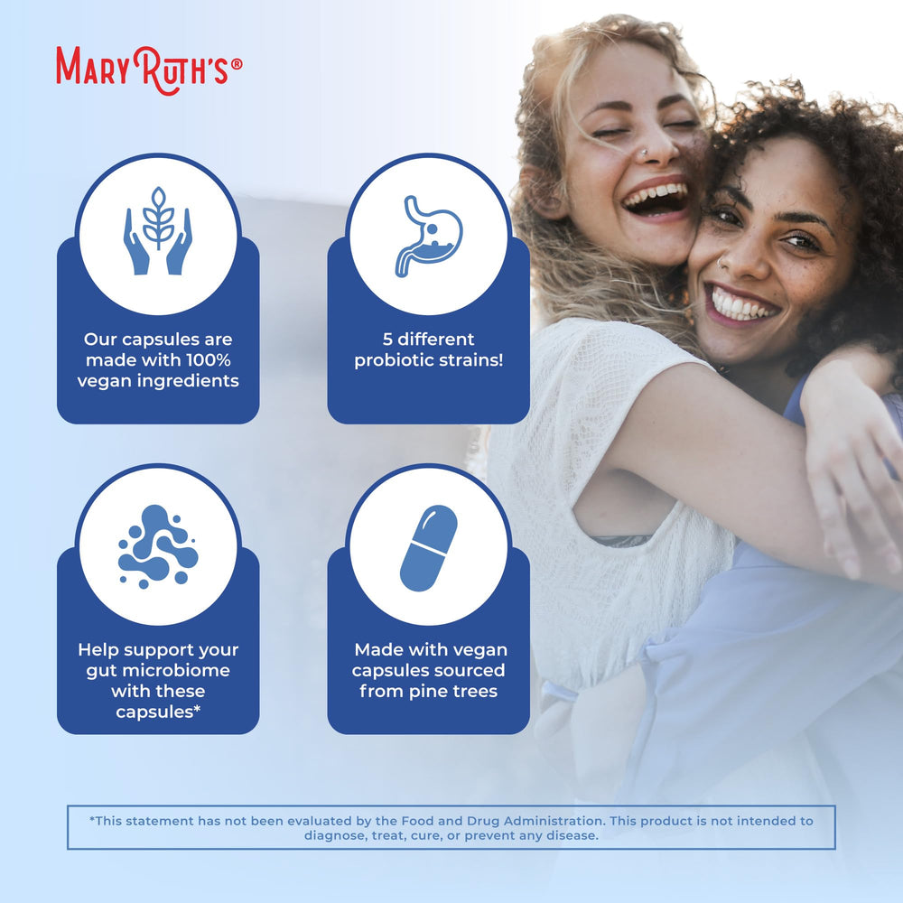 MaryRuth's Complete Gut Health+ capsules highlighting five probiotic strains