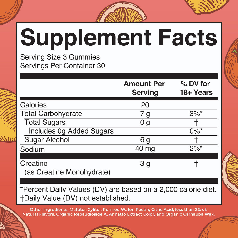 Close-up of creatine gummies showing texture and 3 g per serving.