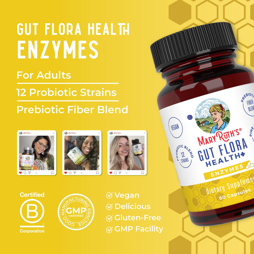 MaryRuth's Gut Flora Health+ Enzymes packaging box and bottle display