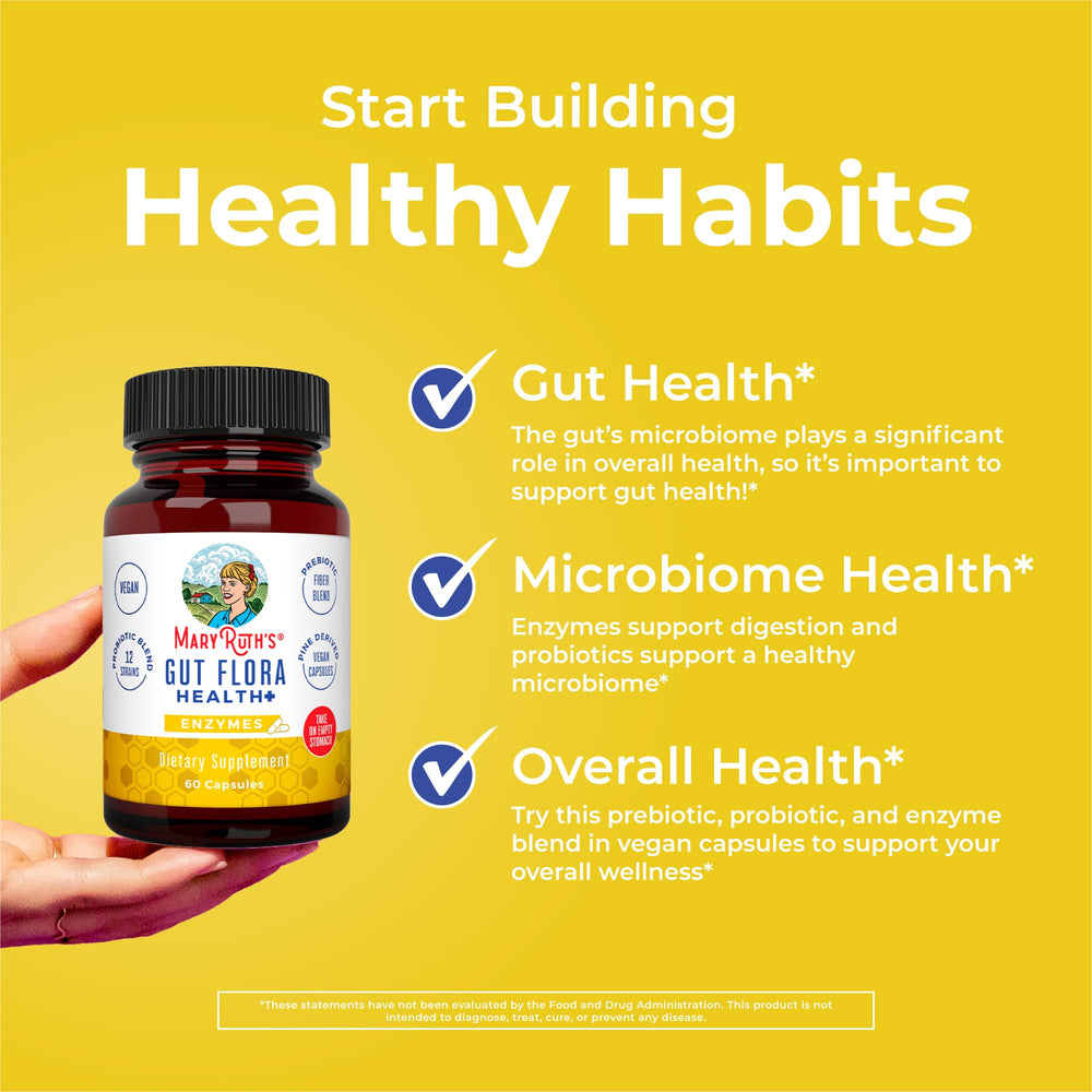 MaryRuth's Gut Flora Health+ Enzymes bottle with morning routine setup and water