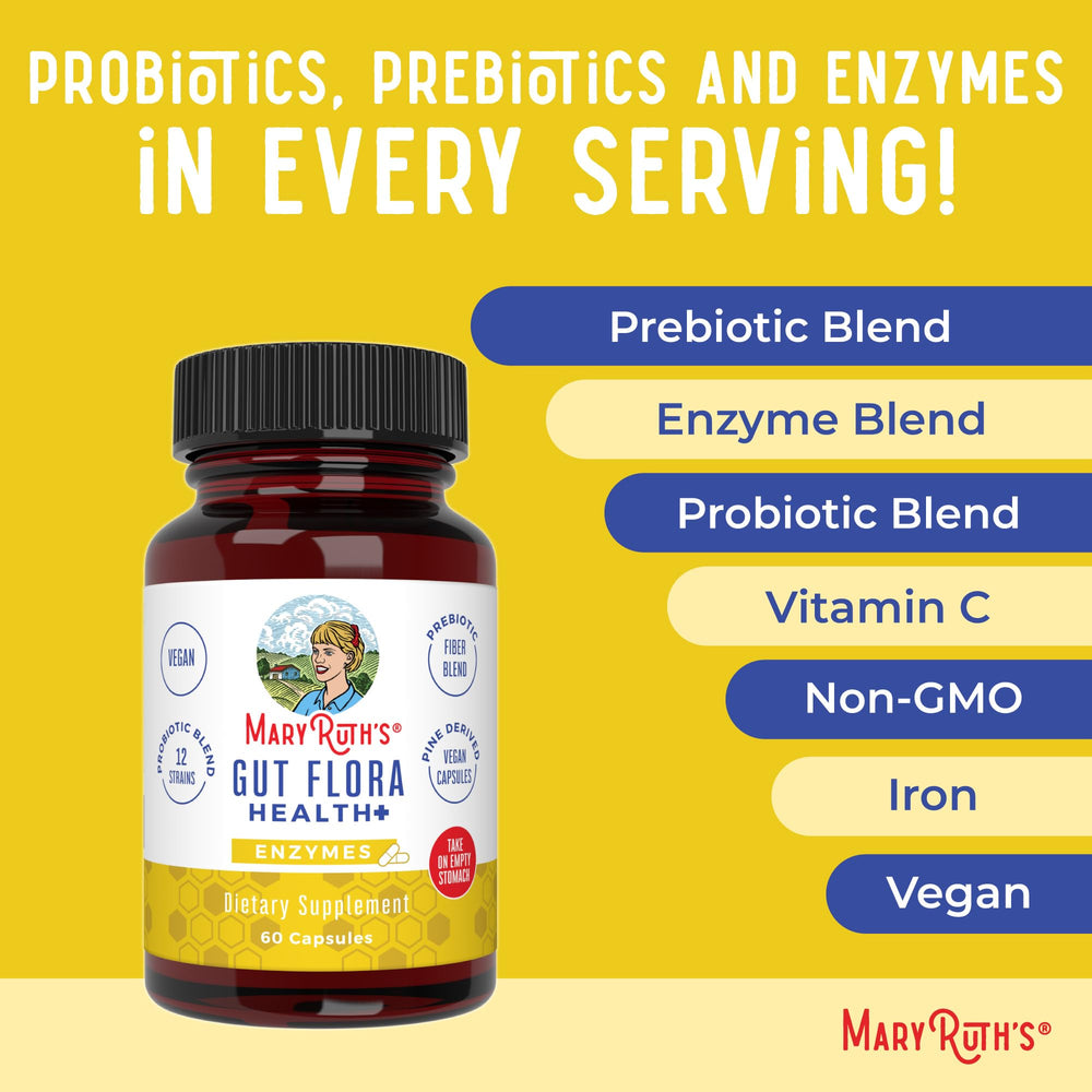 MaryRuth's Gut Flora Health+ Enzymes non-GMO vegan formula for sensitive diets