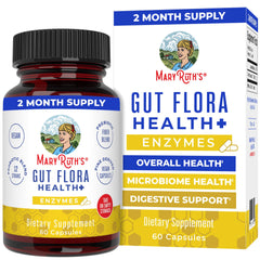 MaryRuth's Gut Flora Health+ Enzymes bottle on a kitchen counter for easy daily use