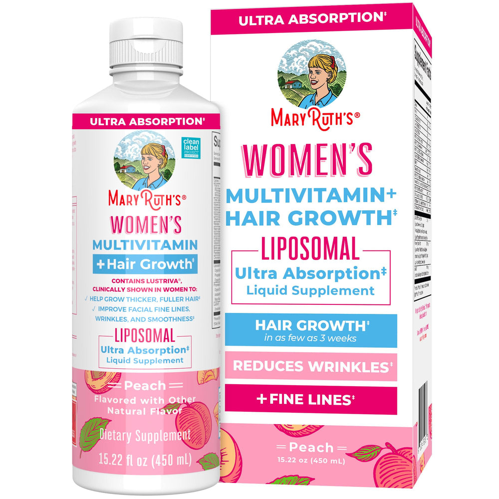 MaryRuth's hair-growth multivitamin bottle supports hair thickness and daily wellness.