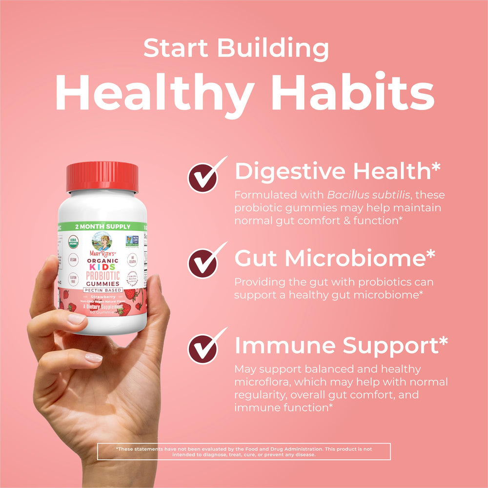 MaryRuth's Kids Probiotics Gummies label highlights dairy-free and gluten-free ingredients.