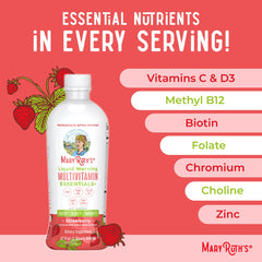 MaryRuth's Liquid Morning Multivitamin Essentials+ bottle on kitchen counter for daily use.
