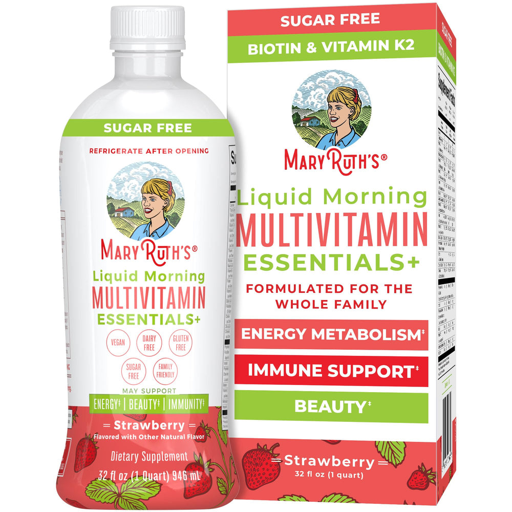 MaryRuth's Liquid Morning Multivitamin Essentials+ fruit punch bottle for daily immune support.