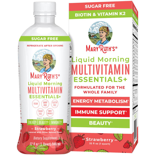 MaryRuth's Liquid Morning Multivitamin Essentials+ fruit punch bottle for daily immune support.